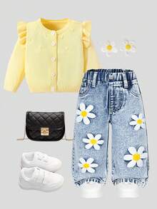 Quần Jeans Denim Cho Bé Gái, Dáng Rộng, Ống Rộng, Chất Liệu Denim Cotton Thoải Mái, Thêu Hoa, Đa Năng Cho Mặc Hàng Ngày, Thu/Đông - Rửa nhẹ - Xem 8
