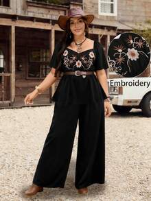 LanaWest CURVE Plus Size Women's Western Country Style Solid Color Embroidered Ruffled Waist Short Sleeve Music Festival Spring/Summer Two-Piece Set - Black - View 4