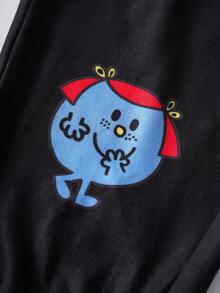 Mr Men Little Miss X SHEIN Young Girl Letter & Cartoon Graphic White Crew Neck Long Sleeve Sweatshirt And Black Pants Set - Multicolor - View 3