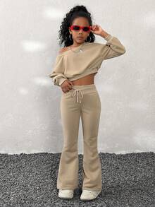 Coolane Kids Tween Girls Fall/Winter,2pcs/Set Brown Asymmetric Neck Sweatshirt And Flare Sweatpants Set,Christmas,New Year ,Thanksgiving - Khaki - View 3
