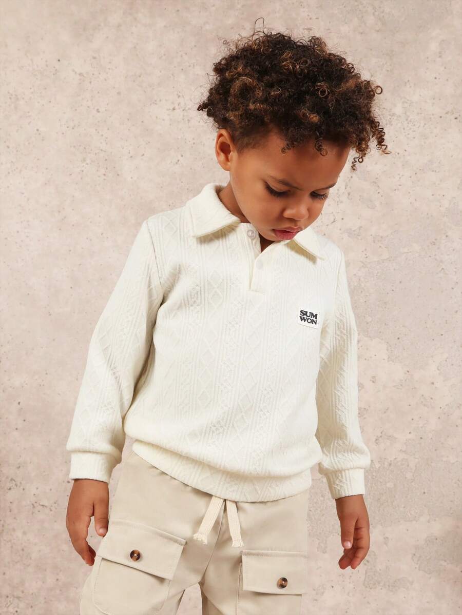 SUMWON Boys Cable Knit Polo Sweatshirt And Plaid Jogger Co-Ord Set With Collar And Drawstring - Apricot - View 1