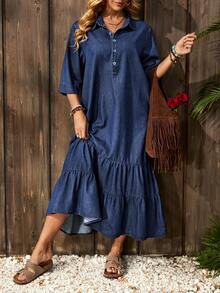 EMERY ROSE Vestido jeans feminino casual de manga 3/4 com babados na barra e fechamento frontal com botões. - Lavagem escura - Ver 7