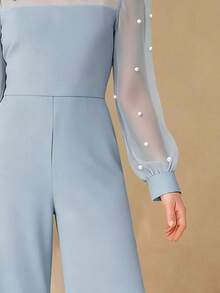 Bộ đồ liền thân dài tay raglan cổ tròn phối lưới 3D trang trí ngọc trai thanh lịch tối giản dành cho bé gái, cạp cao màu trơn, rộng rãi, thích hợp cho tiệc tối, tốt nghiệp, Giáng sinh - Màu xanh lam - Xem 4