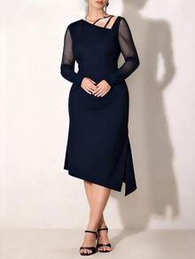 Modelyn Gaun Elegan Wanita Warna Polos Lengan Transparan dengan Ikat Pinggang, Musim Gugur/Dingin - Navy Blue - View 6