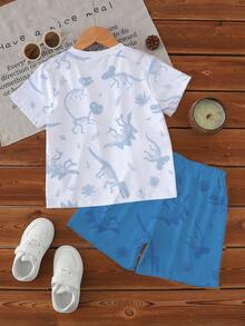 SHEIN GraphicGems 1 Set Young Boys Casual Fashion Funny Cartoon Dinosaur Print Short Sleeve Crew Neck T-Shirt And Shorts Set, Suitable For Outdoor, Sports, School, Spring/Summer, Blue Dinosaur Print Set - Multicolor - View 2
