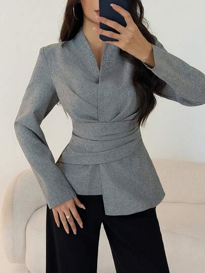 Modelyn Elegant grå långärmad skjorta med A-linjeformad plisserad midja och sjalringning för dam, höst