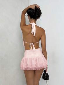 SHEIN Glamour 两件套粉色露背吊带性感V领露背无袖不对称迷你裙套装，秋季服装，节日派对嘉年华套装，街头服饰，女士夜店套装，约会之夜套装，女士生日套装，优雅高贵，派对必备，圣诞套装，复古风，都市舒适，街头风格，缎面毕业礼服，露背上衣套装，情人节套装 - 粉色 - 查看 2