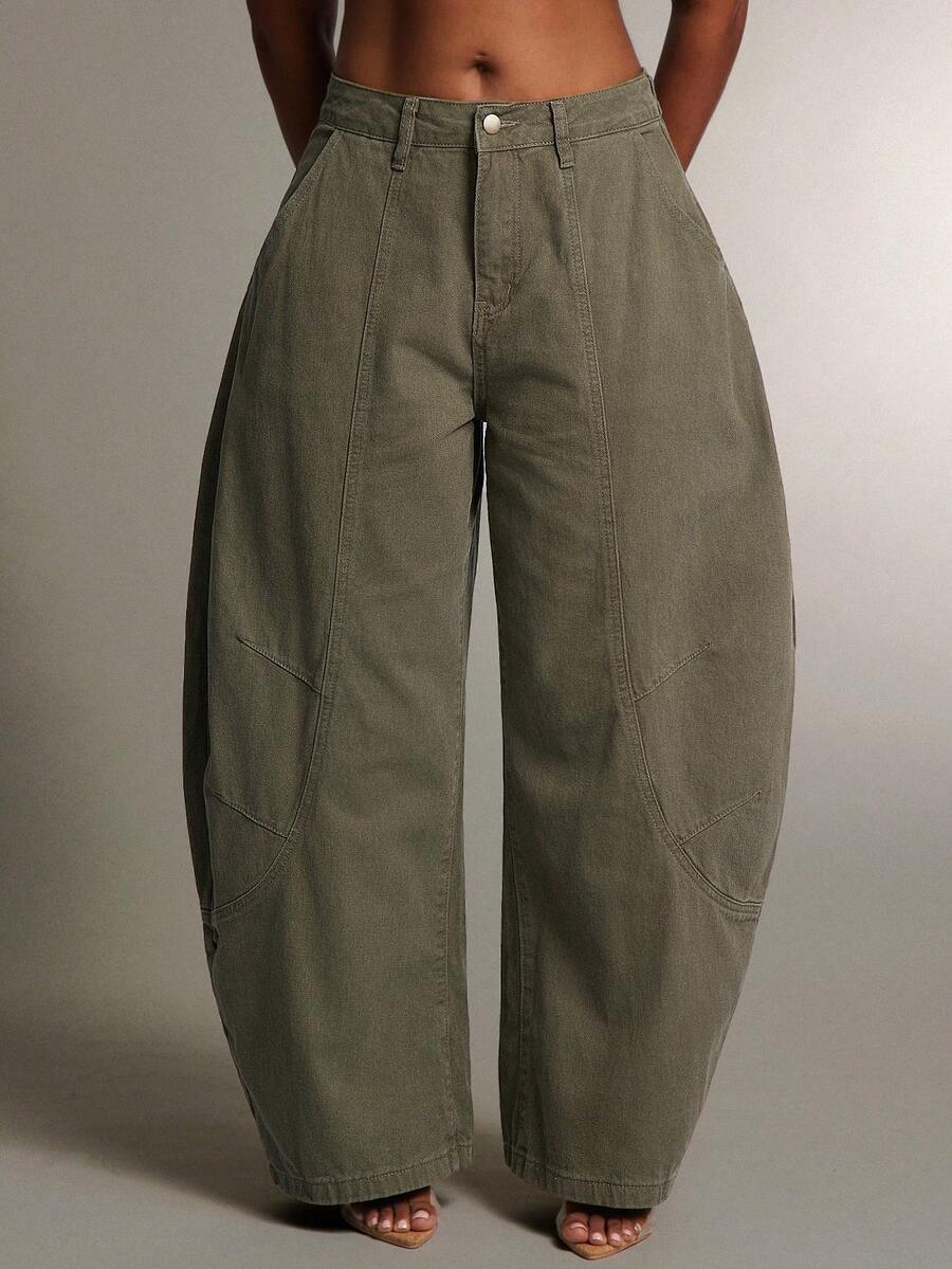 Denimoi Women's Casual Solid Color Loose Button Jeans - Army Green - View 1