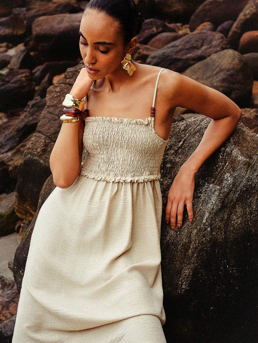 Daynim Solid Frill Trim Cami Dress - Light Beige - View 1
