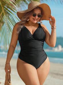 Swim Lushoire 2026新款加大码女士夏季沙滩度假连体泳衣，黑色修身优雅连体泳衣，褶皱腰部扭结肩带设计 - 黑色 - 查看 5