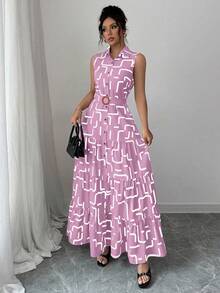 Elenzga New V-Neck Graphic Print Button Sleeveless Tie Waist Slim Fit Dress For Women - Baby Pink - View 5