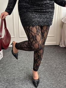 CovetEZ Plus Size Lace Sexy Sheer Tight Pants, Autumn/Winter - Black - View 5