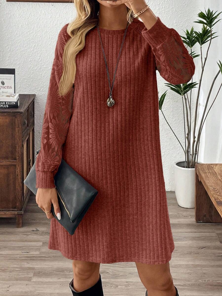 Rosumi 大码女式圆领长袖罗纹休闲宽松连衣裙 - 棕色 - 查看 1