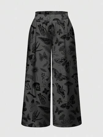 Goth Pantalones de mujer con estampado de calavera gótica, misteriosa y oscura, seta, mariposa, sol, luna, estrella y planta