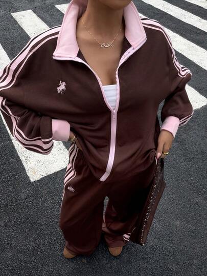 Muchica Contrast Color Striped Jacket And Pants Sports Suit