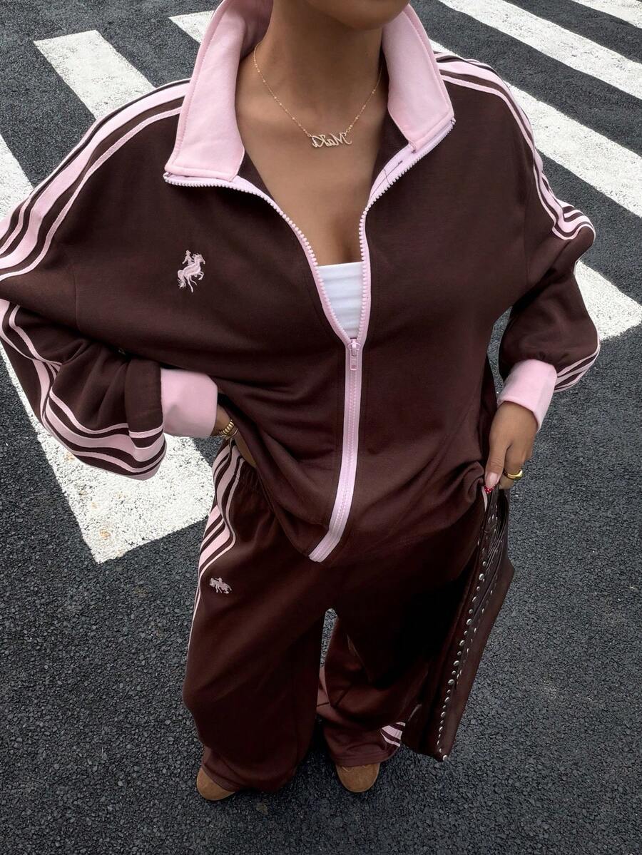 Muchica Contrast Color Striped Jacket And Pants Sports Suit - Brown - View 1