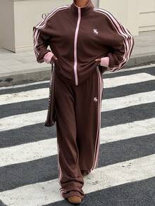 Muchica Bộ đồ thể thao quần và áo khoác sọc màu tương phản - màu nâu - Xem 5