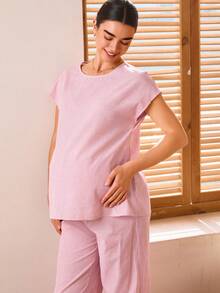 SHEIN 2pcs Maternity Casual Loose Comfortable Top And Pants Set Sleep Wear Women Breast Feeding Clothes Maternity Sets Cotton Maternity Clothes Maternity Clothes Two Piece Suits,Maternity Clothes - Pink - View 4
