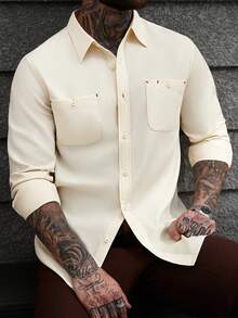 Manfinity CasualCool Men's Casual Solid Color Long Sleeve Shirt, Versatile For Autumn Cream Button Up Men Mens Shirts With Pockets - Apricot - View 4