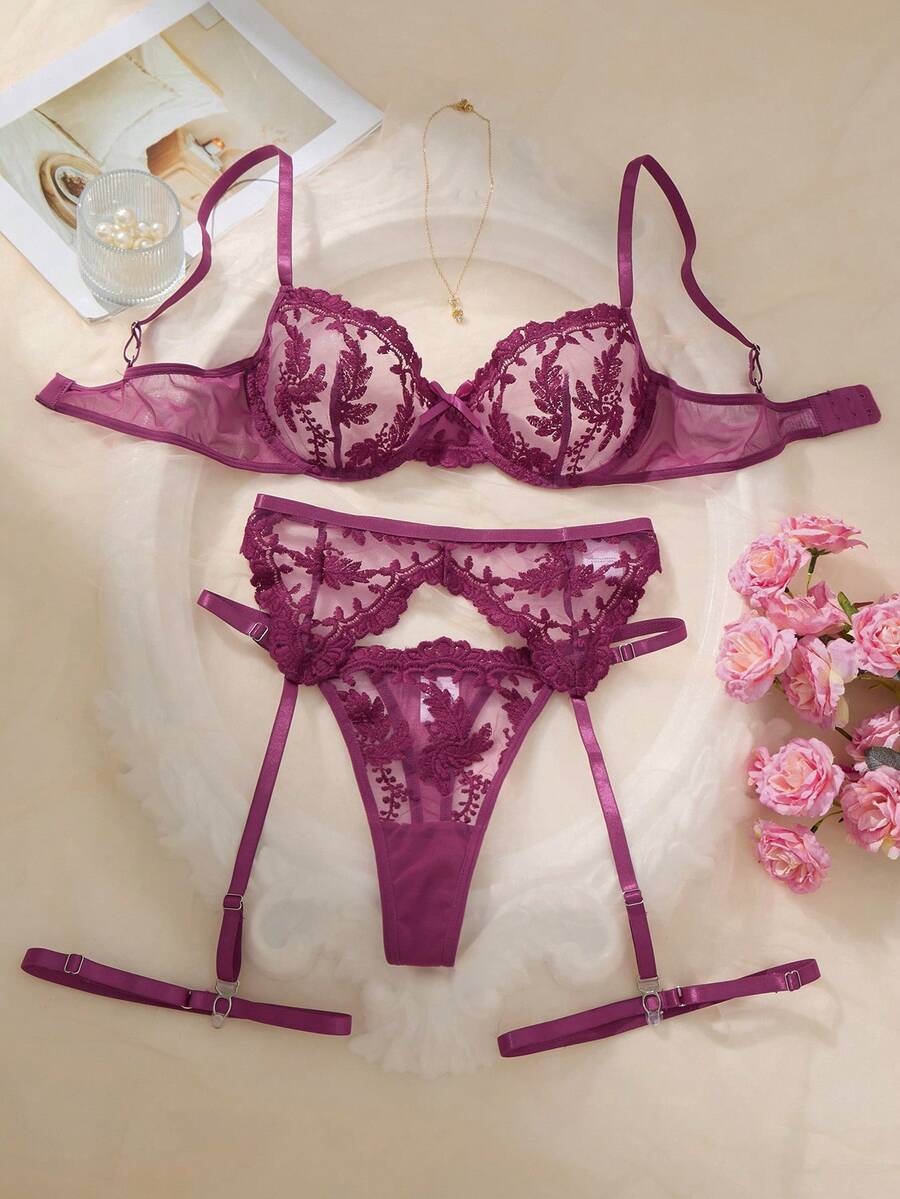 Women's Purple Sheer Babydoll Lingerie Set With Plant Pattern Lace And Spaghetti Straps Bra Set Bras For Women 3 Piece Set Sexy Bra Set 3 Piece Lingerie Set
