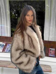 SHEIN EZwear Women's Long Sleeve Simple Fluffy Cardigan Sweater In Fall/Winter - Brown - View 4