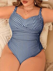 Swim Lushoire 大码女士印花条纹吊带褶皱连体泳衣，适合夏季海滩度假 - 彩色 - 查看 1