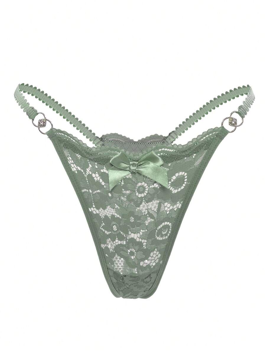 Floral Lace Bow Front G-String, Sexy Lingerie Bow Tie - Army Green - View 1