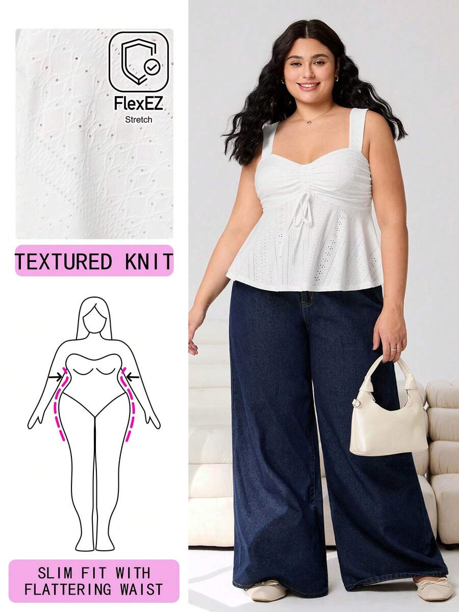 Solflare 2026春夏新款休闲日常穿搭，适合派对、通勤、返校、约会、居家、生日派对等多种场合，无袖针织提花上衣，白色，大码女装 - 白色 - 查看 1