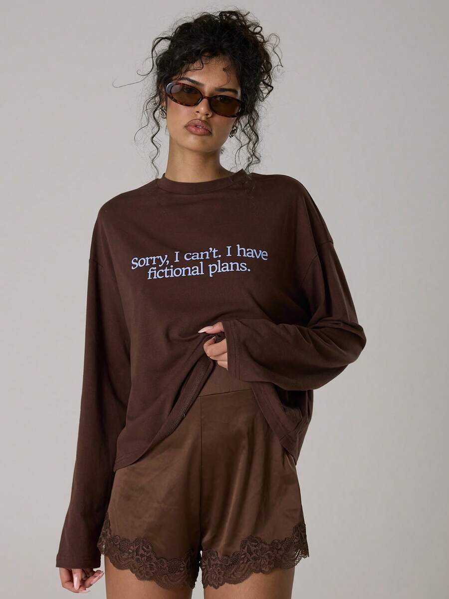 MUSERA 宽松长袖印花T恤，休闲可爱，冬日舒适居家必备，Coco Cloud春夏款 - 巧克力棕 - 查看 1