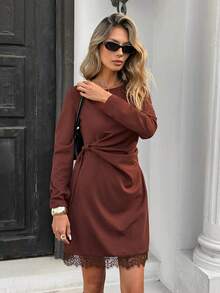 Serisse Women's Coffee Brown Long Sleeve Round Neck Pleated Mini Dress,Autumn Casual Elegant Earth Tone Outfit For Holiday,Valentine,New Year's Eve,Occasion - Coffee - View 7
