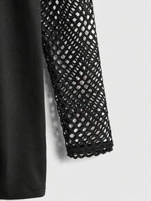 ROMWE Goth 哥特学院风猫咪印花网眼拼接宽松T恤，女款，返校季 - 黑色 - 查看 4