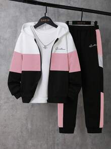SHEIN EZwear 两件套加大码运动休闲撞色标语印花卫衣外套+运动裤套装，秋冬款 - 彩色 - 查看 7