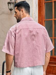 HIMLAND 男士休闲梭织口袋字母刺绣宽松短袖衬衫 - 紅色 - 查看 3