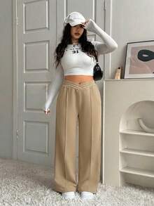 Solavibe 加大码卡其色纯色V腰阔腿休闲家居裤，秋冬款 - 卡其色 - 查看 5