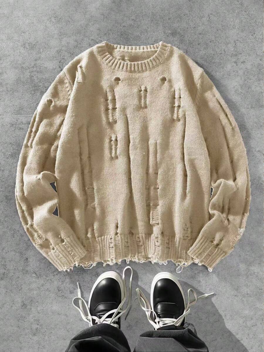 Manfinity EMRG Áo len cổ tròn tay dài màu trơn thường ngày cho nam, thu/đông - Màu be - Xem 1