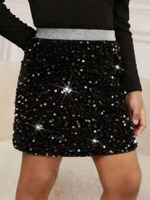 SHEIN Holiday Party Outing Gathering Christmas Sequin Bodycon Mini Skirt, Party Dress, Silver Waistband Skirt, Girl Sequin Skirt, Black Sequin Skirt, Girls Skirt, Girls Sparkle Skirt - Black - View 5