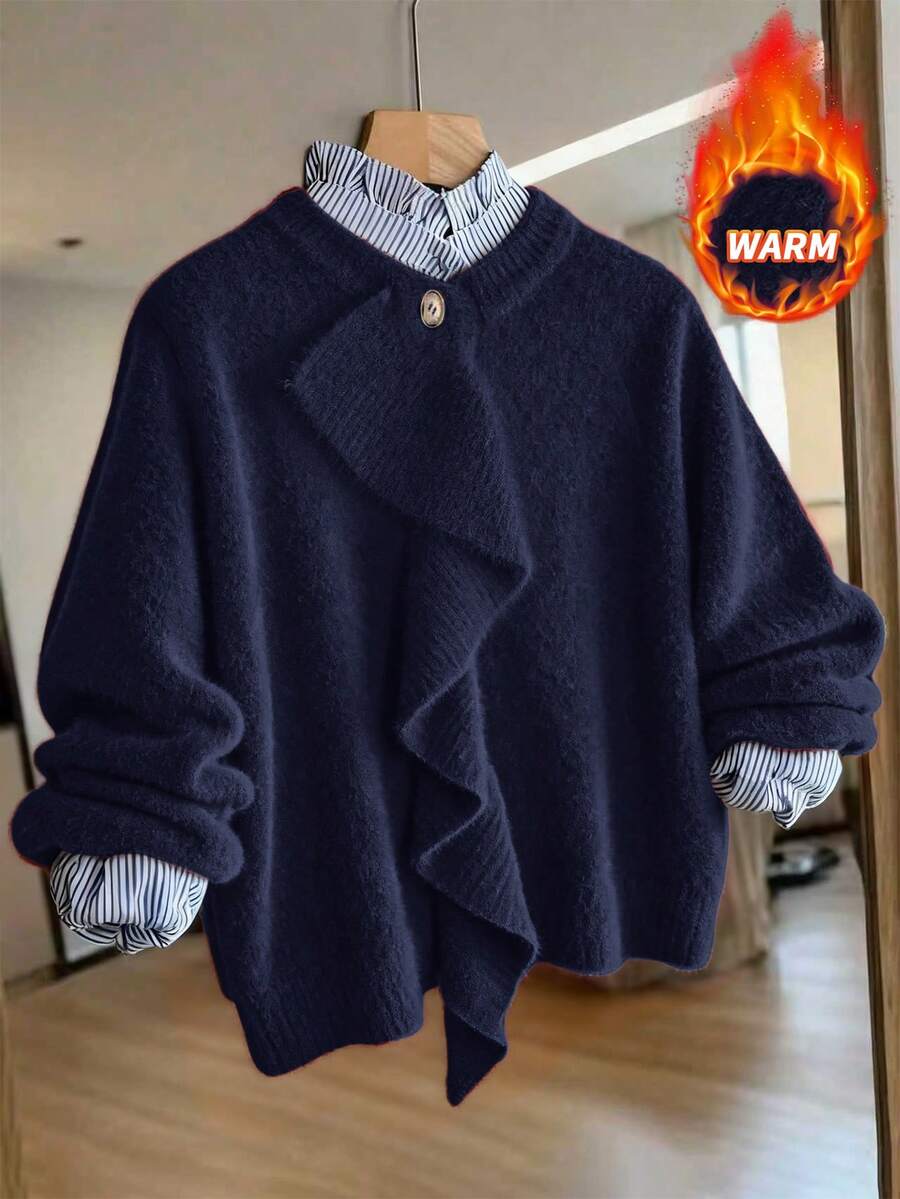 Franclia Elegante y de moda, suéter de cárdigan de punto con cuello con volantes, versátil y apropiado para ir al trabajo, para mujeres, otoño/invierno - azul real - Ver 1