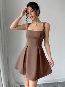 Elenzga 女士休闲夏季度假纯色低腰收腰连衣裙迷你短款女装 - 棕色 - 查看 4