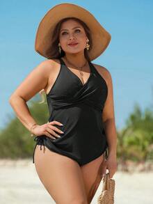 Swim Lushoire Plus Size Women Drawstring Detail Minimalist Style Tankini Swimwear Set, Suitable For Summer Beach Vacation - Black - View 5