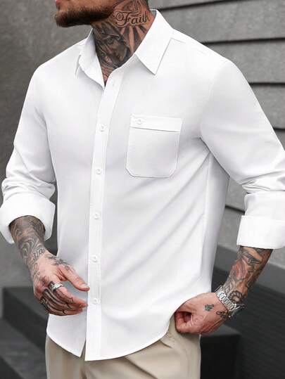 Manfinity CasualCool Men's Solid Color Wrinkle-Resistant Single Pocket Casual Business Long Sleeve Shirt, Autumn White Mens Button Up Men Long Dress Shirt With Pockets Men Button Up Shirt White Men Shirts,This Anti-Wrinkle, Easy-To-Care, No-Ironing White Button Long-Sleeved Shirt Is Suitable For Business, Casual And Commuting