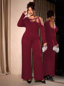 Cravure Women's Plus-Size Slim-Fit Long-Sleeve Off-The-Shoulder Jumpsuit - Adorned With Round Decorative Buttons & Bubble Beads On Shoulders, Elegantly Relaxed For Autumn & Winter Parties & Galas Sexy Jumpsuits For Woman Red Long Sleeve Jumpsuits Curve Jumpsuits For Woman Plus Size Jumpsuits Elegant Long Sleeve Jumpsuits For Woman