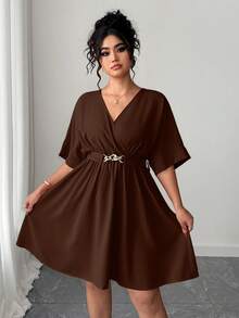 Elenzga 优雅V领收腰短款红色晚礼服，休闲简约风格，适合夏季 - 咖啡棕 - 查看 3