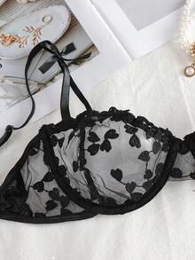 PetitDoll Embroidered Mesh Underwire Bra & Panty Lingerie Set - Black - View 2