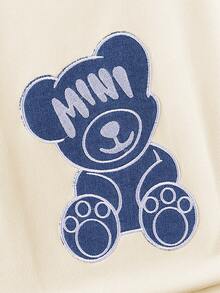 SHEIN Explorewe 2pcs/Set Young Boy Casual Denim Bear Embroidery Short Sleeve Round Neck T-Shirt And Shorts Set, Suitable For Daily Casual, Sports, School, Outdoor, Summer - Apricot - View 7