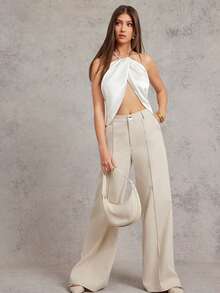 L'Amorae 女士优雅露背交叉镂空上衣 - 杏色 - 查看 4