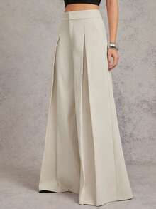 L'Amorae Women Pleated Wide Leg Trouser Office Business Casual Pants Old Money - Khaki - View 4