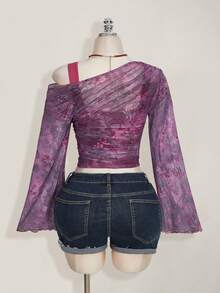 SHEIN ICON Plus Size Oblique Shoulder Mesh Sheer Netted Knit T-Shirt, Paisley Print See-Through Long Sleeve Top - Purple - View 2