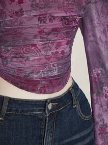 SHEIN ICON Plus Size Oblique Shoulder Mesh Sheer Netted Knit T-Shirt, Paisley Print See-Through Long Sleeve Top - Purple - View 8