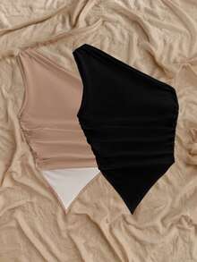 Soleia Women's Y2K Solid Color Asymmetric Hem Ruched Sleeveless Crop Top Spring - Multicolor - View 2