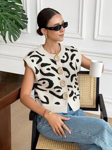 Serisse Women's French Casual Leopard Print Sleeveless Button-Down Knit Top With Metal Buttons,Spring Outfit Women,Summer Outfits,Going Out Tops For Women,Cheetah Print, - Multicolor - View 7